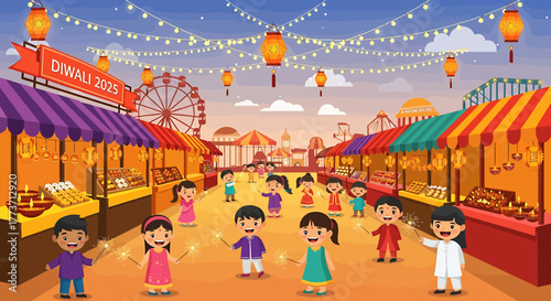 Diwali Fair Celebration Joyful Children with Sparklers Amidst Festive Market Stalls