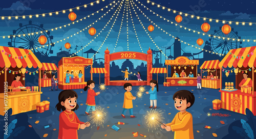 Festive Celebration Colorful Fair with Fireworks, Lights, and Joyous People in the Evening