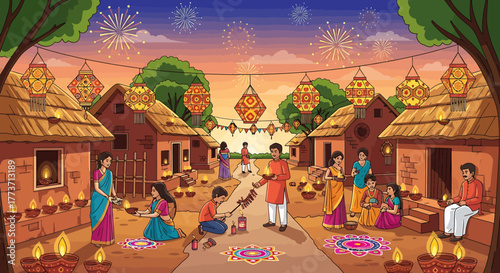 Vibrant Indian village celebrating Diwali with diyas and lanterns under a festive night sky