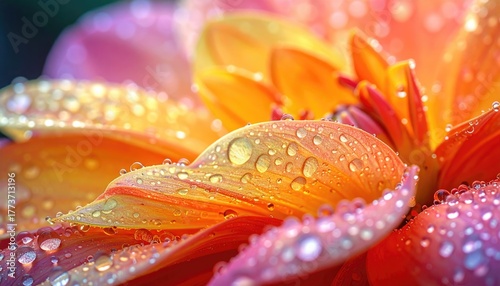 Captivating macro photograph showcases a vibrant orange and red flower adorned with glistening water droplets, revealing intricate textures and details within the delicate petals.
