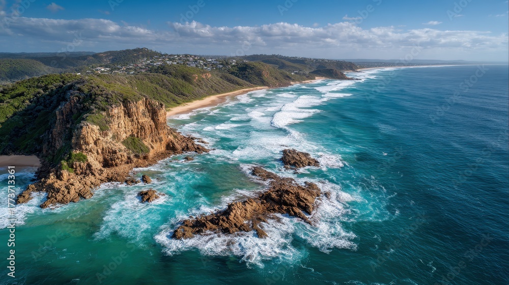 Obraz premium Scenic coastal view with rocky formations and crashing waves at a sunny beach location