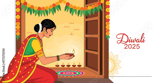 Joyful woman in traditional attire lighting auspicious oil lamps by a festive window, symbolizing a cultural festival of light, peace, and prosperity with garlands