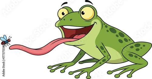 Cartoon frog vector illustration, funny green amphibian character catching insect with tongue, playful animal artwork design, cad drawing flat vector illustration