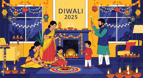 A happy Indian family celebrating the Hindu festival of lights, Diwali, by lighting traditional oil lamps and sparklers in their decorated home