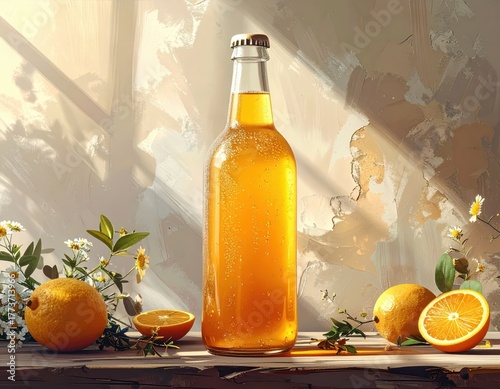 Clear glass bottle filled with refreshing, sparkling golden liquid, alongside fresh oranges and delicate 