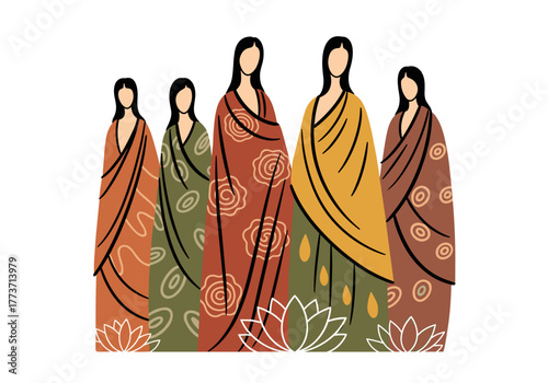 Group of women in colorful traditional dresses with floral patterns  