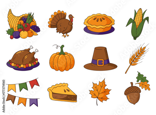 Bright cartoon-style Thanksgiving vector illustrations on a white background for cards, packaging, posters, and autumn decor. Thanksgiving holiday.