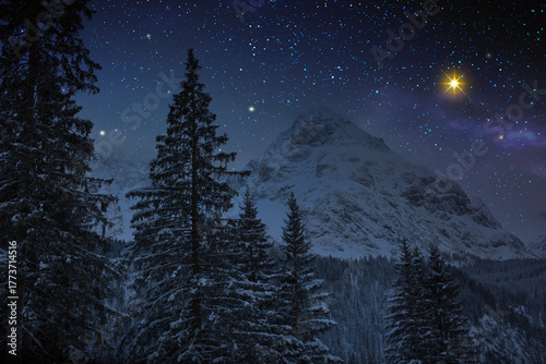 Abstract stars sky in a winter mountains.