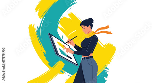 Woman Designing With Digital Tablet and Stylish Brushstrokes for Modern Illustration