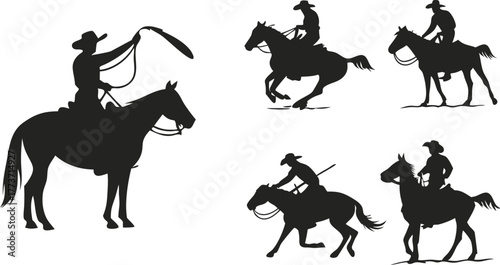 Wild West adventures with silhouette cowboys riding horses, perfect for branding, logos, or vintage designs, capturing the spirit of the frontier