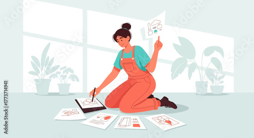 Woman Designing with Tablet and Papers in Modern Interior Illustration Concept