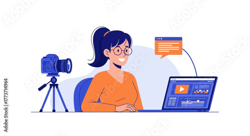 Woman Editing Video Content Using Camera and Laptop with Graphics to Create Media