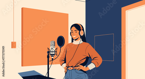 Woman In Recording Studio Preparing For Work With Microphone And Headphones