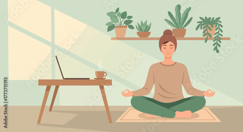 Woman Meditating in Calm Home Environment Surrounded by Plants and Serene Ambiance