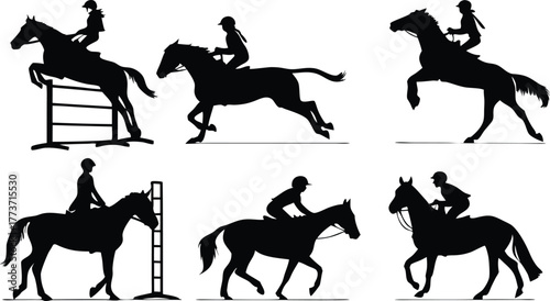 Dynamic horseback riding silhouettes showing skillful equestrian sports action, originally created as scalable vector art for flexible design uses