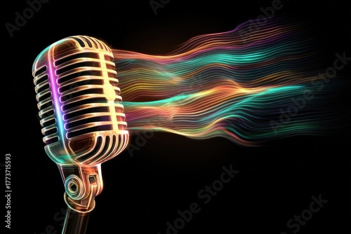 Vintage microphone with vibrant, colorful audio waves