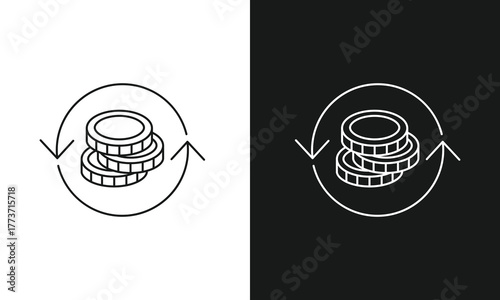 Cash Flow and Currency Exchange Icon with a Stack of Coins and Refresh Arrows for Financial Transactions and Recurring Payments.