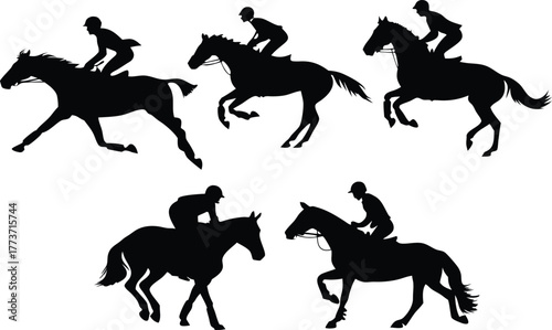 Dynamic silhouette of horse racing action, showcasing equestrian skill and speed, perfect for sports or competition themed designs, originally a vector