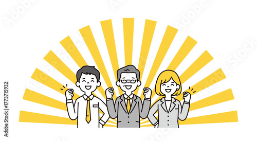 ガッツポーズをして頑張る、複数の男性と女性の会社員の上半身ベクターイラスト素材セット