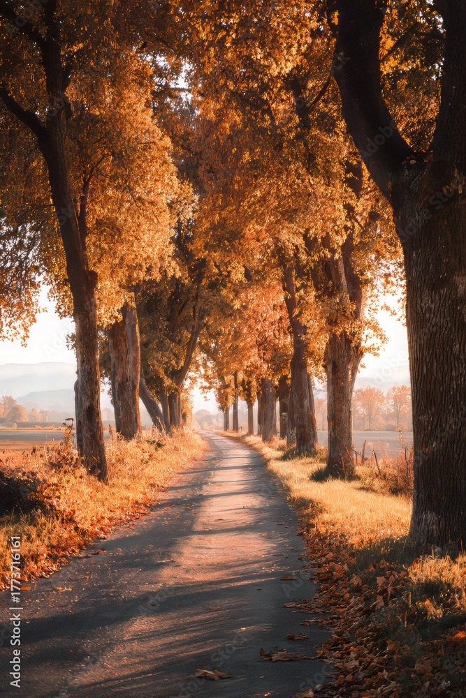 Naklejka premium Aesthetic Autumn Landscape with Golden Trees and Soft Natural Light, Peaceful Fall Atmosphere and Warm Colors