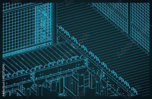 Conveyor for warehouses and factories isometric blueprint close-up