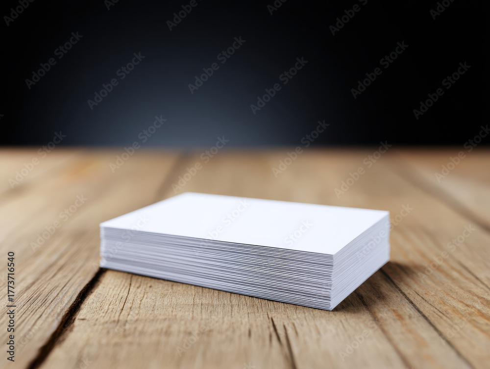 Fototapeta premium Stack of blank business cards on wooden table with dark background, symbolizing networking and professional connection