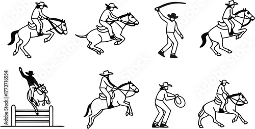Dynamic rodeo action! Cowboy riders performing stunts with horses, vector illustration for western themes, sports events, or graphic design projects