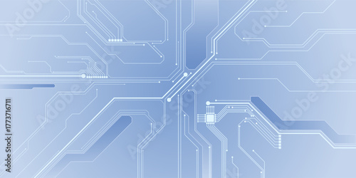 Abstract AI circuit board background. Technology connected white lines with electronics elements on tech bg. Computer motherboard with chip, and semiconductor. Elegant gray digital vector illustration
