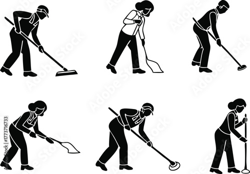 Line art collection of cleaning staff sweeping and mopping floors, vector illustration for hygiene, maintenance and janitorial services