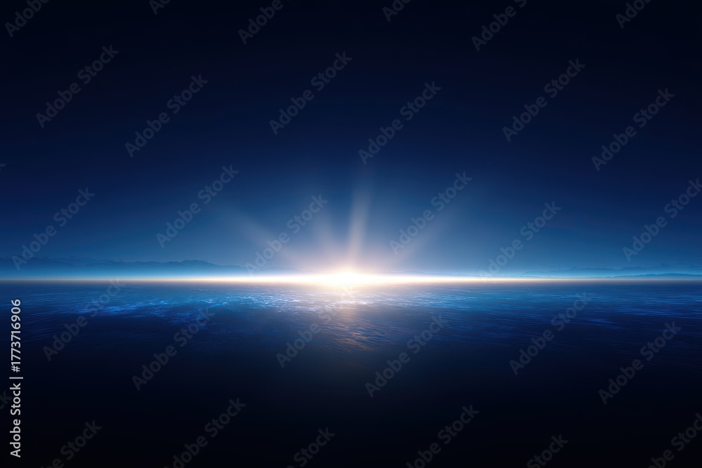 Fototapeta premium Sunrise over the ocean, viewed from space, with bright sunburst