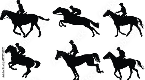 Dynamic equestrian silhouettes showing horse racing action, power, and skill perfect for sports branding and promotional materials with vector origin