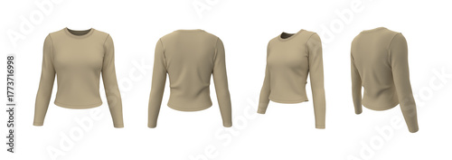 Realistic 3D mockup of women’s slim fit long sleeve crewneck t-shirt. Front, side, and back view clothing design template