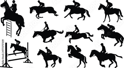 Dynamic equestrian silhouettes show skilled riders and horses in action, perfect for sports, branding, or event designs showcasing horsemanship