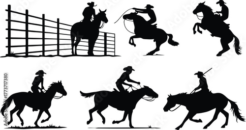 Dynamic cowboys riding horses silhouettes, capturing the spirit of the Wild West, perfect for western themes, historical projects, or rugged adventure designs