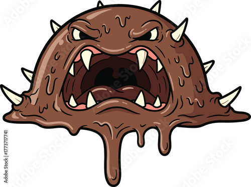 Cartoon goo monster, dripping sludge creature, scary blob villain, aggressive fantasy beast, spiky slime design, cad drawing flat vector illustration