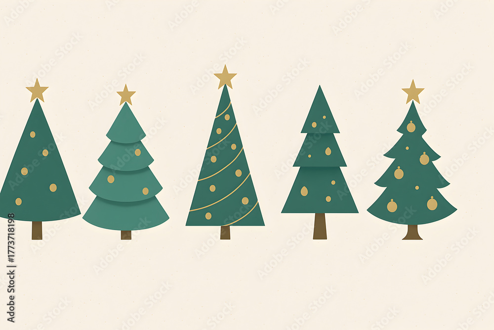 Obraz premium A collection of five christmas tree illustrations with stars and ornaments on a beige background, christmas