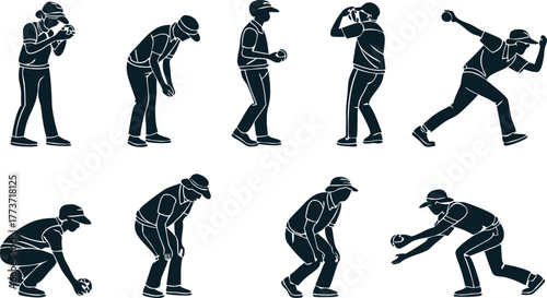 Dynamic cricket player silhouettes in action poses perfect for sports branding, game design, or athletic promotions with a modern, clean vector look