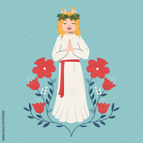 Saint Lucia's Day. Cute little girl with wreath and candle crown. Scandinavian tradition Saint Lucy