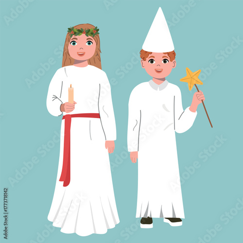Saint Lucy's Day, Swedish Christmas. Boy and Girl in traditional white clothes.