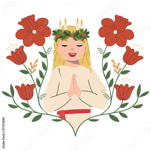 Girl with wreath and candle crown, Saint Lucia. Scandinavian Christmas. Vector illustration