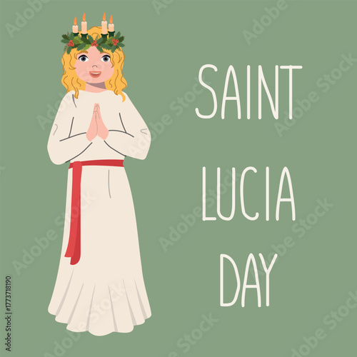 Young girl wearing a candle crown. Saint Lucia Day celebration. Swedish Christmas tradition.