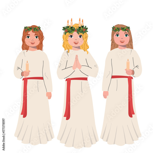 Celebrating Saint Lucia Day. Girls in traditional clothes for Swedish Christmas. Vector characters in cartoon style.