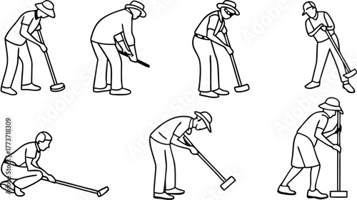 Engaging line art showing people playing croquet, perfect for illustrating summer fun, outdoor activities, and leisurely competition