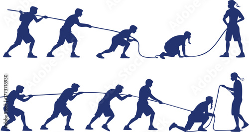 Dynamic silhouette series capturing intense tug of war struggle, teamwork, and competitive spirit in action