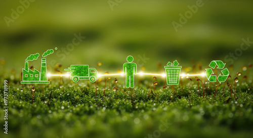 Wallpaper Mural Industrial factory delivery truck person waste bin and recycling symbol icons represent sustainable production eco friendly transportation responsible consumption waste management and recycling Torontodigital.ca