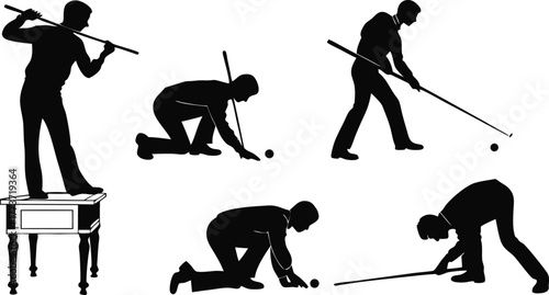 Diverse silhouettes capture the dynamic action and strategic focus of a skilled billiard player in various poses