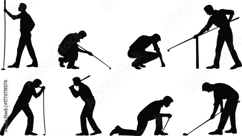 Dynamic golfer silhouettes capture diverse actions from tee off to putt, perfect for sports branding and design projects.