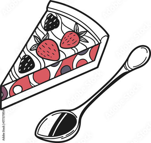 Hand drawn strawberry pizza slice and spoon digital art appetizing food concept isolated on transparent background