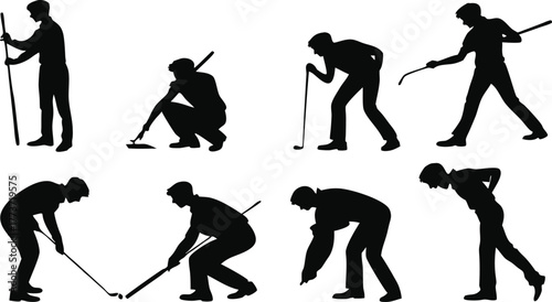 Diverse group of silhouetted figures engaged in various work activities, conveying effort and industry