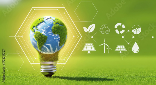 Eco friendly energy concept green earth light bulb renewable energy icons solar panel wind turbine recycling sustainability clean environment innovation hope